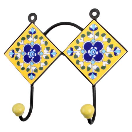 Yellow Navy Blue Floral Tiles Hooks